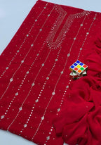 2 Pcs Women’s Unstitched Hand Work Suit – Red Chiffon Embroidered Dress
