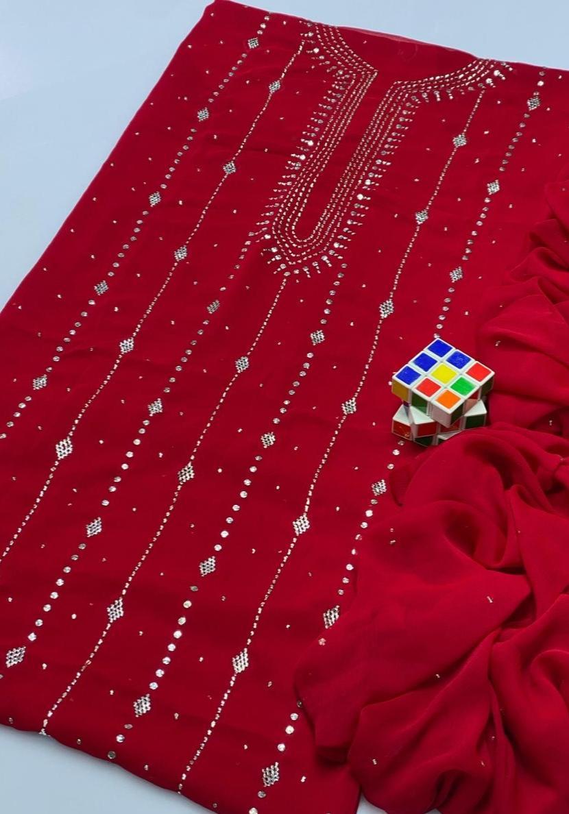 2 Pcs Women’s Unstitched Hand Work Suit – Red Chiffon Embroidered Dress