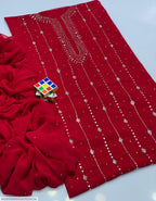 2 Pcs Women’s Unstitched Hand Work Suit – Red Chiffon Embroidered Dress