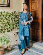3 Pcs Women’s Stitched Katan Silk Suit – Plain with Embroidered Sleeves