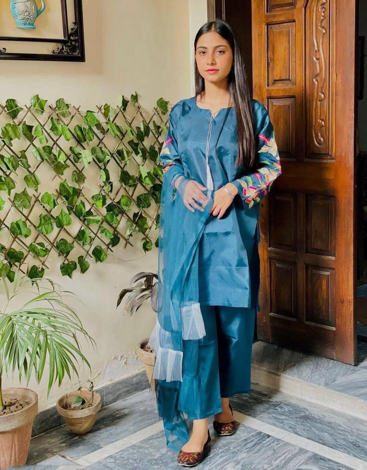 3 Pcs Women’s Stitched Katan Silk Suit – Plain with Embroidered Sleeves