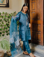 3 Pcs Women’s Stitched Katan Silk Suit – Plain with Embroidered Sleeves