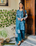 3 Pcs Women’s Stitched Katan Silk Suit – Plain with Embroidered Sleeves