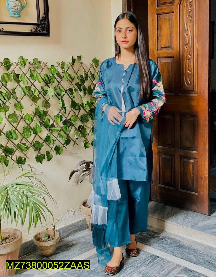 3 Pcs Women’s Stitched Katan Silk Suit – Plain with Embroidered Sleeves