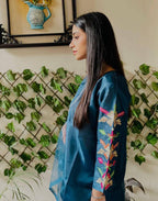 3 Pcs Women’s Stitched Katan Silk Suit – Plain with Embroidered Sleeves