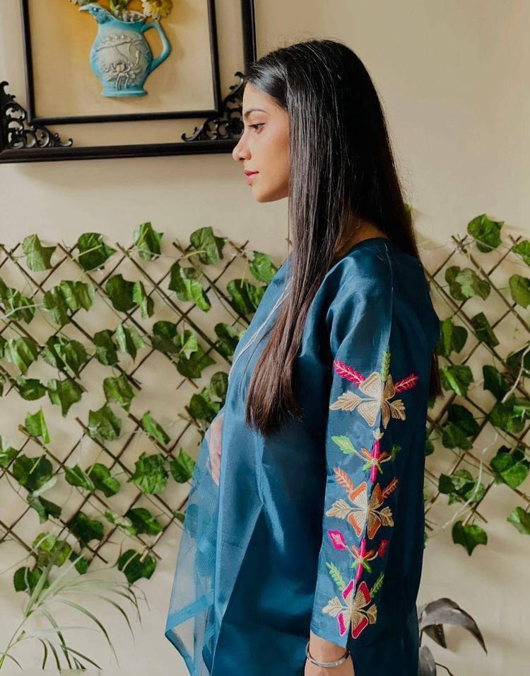 3 Pcs Women’s Stitched Katan Silk Suit – Plain with Embroidered Sleeves
