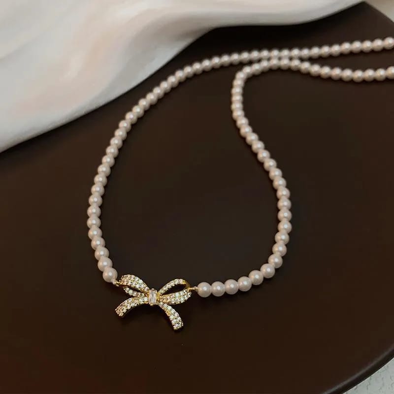 Bow Shape Pearl Korean Necklace (PQT-992)