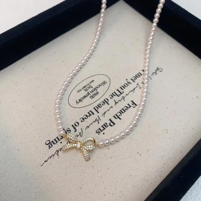Bow Shape Pearl Korean Necklace (PQT-992)