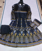 Elegant Teal Katan Silk Block Printed Maxi Suit – 3 Pc Stitched Set