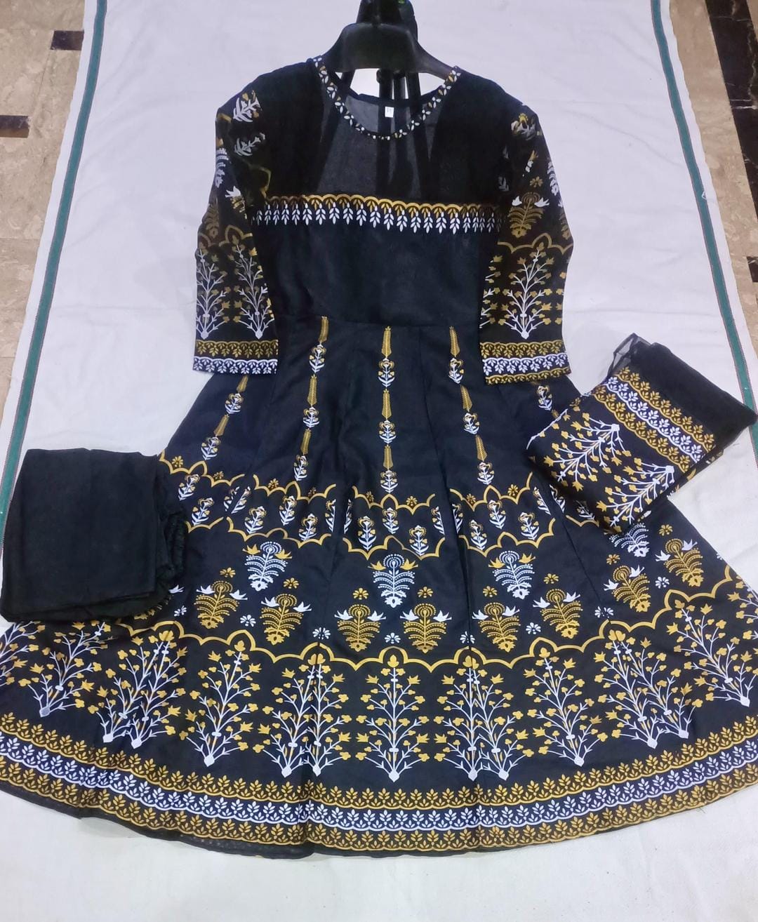 Elegant Teal Katan Silk Block Printed Maxi Suit – 3 Pc Stitched Set