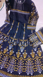 Elegant Teal Katan Silk Block Printed Maxi Suit – 3 Pc Stitched Set