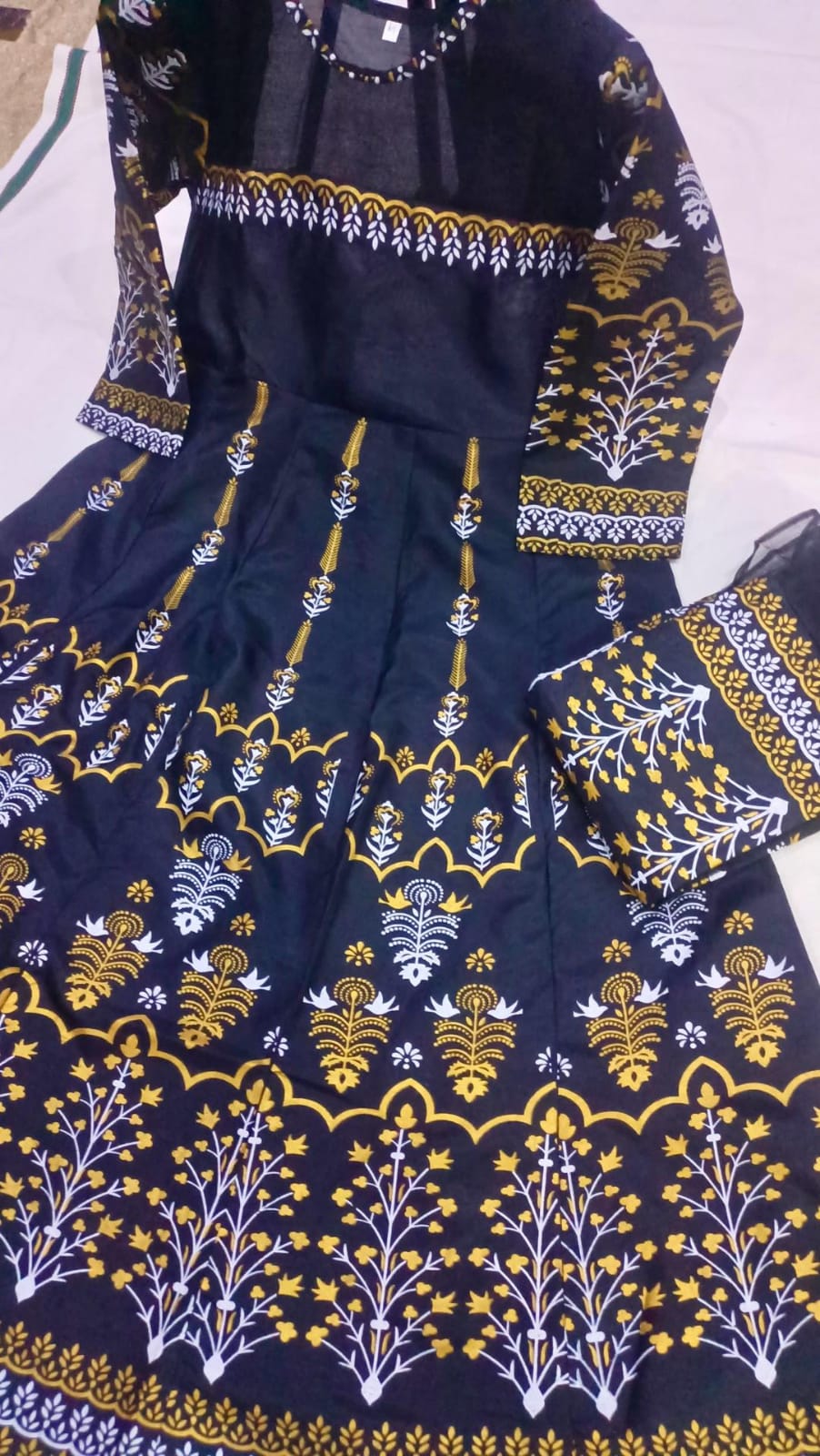 Elegant Teal Katan Silk Block Printed Maxi Suit – 3 Pc Stitched Set