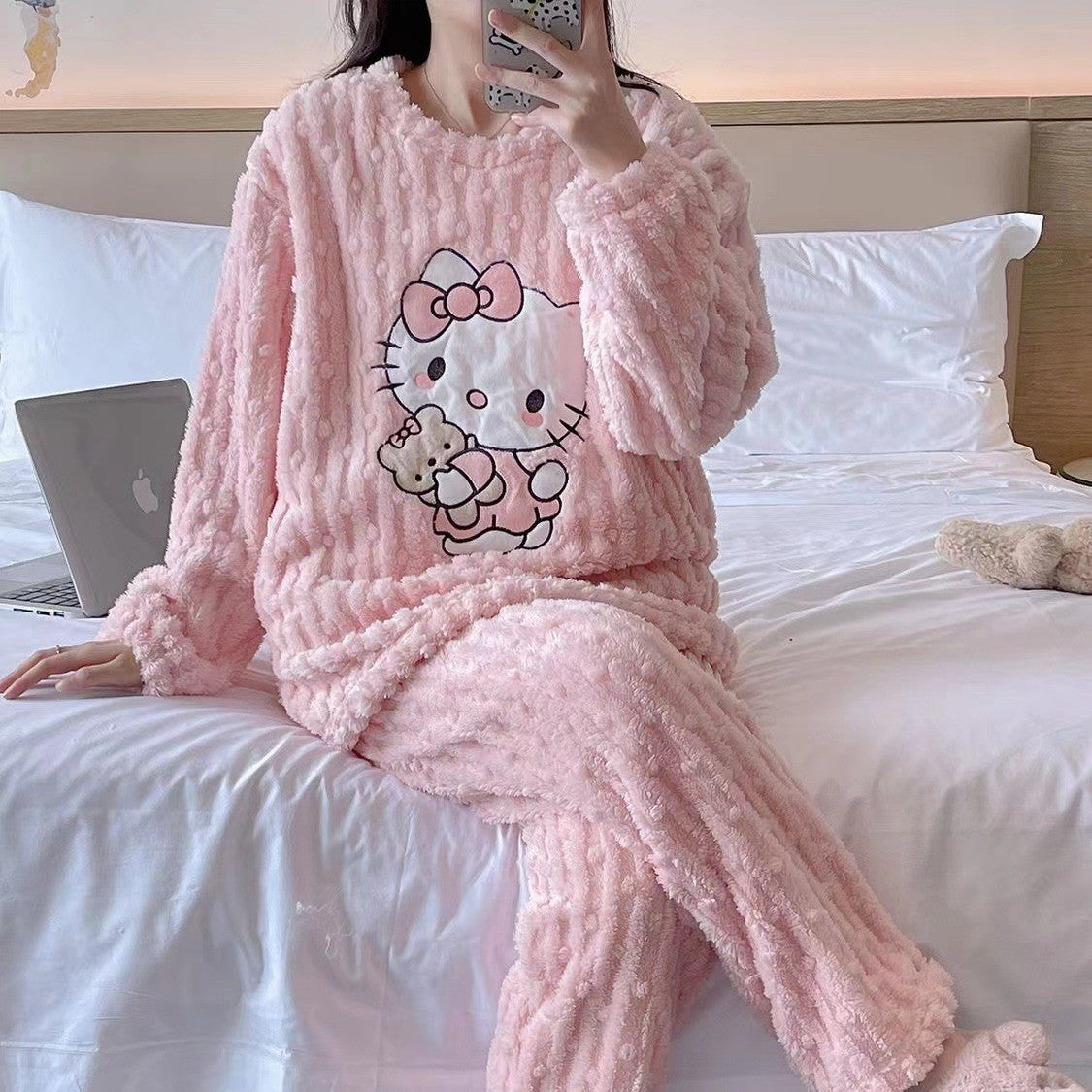 Hello Kitty Bear Coral Fleece Pajamas – Winter Flannel Thickened Sleepwear Set