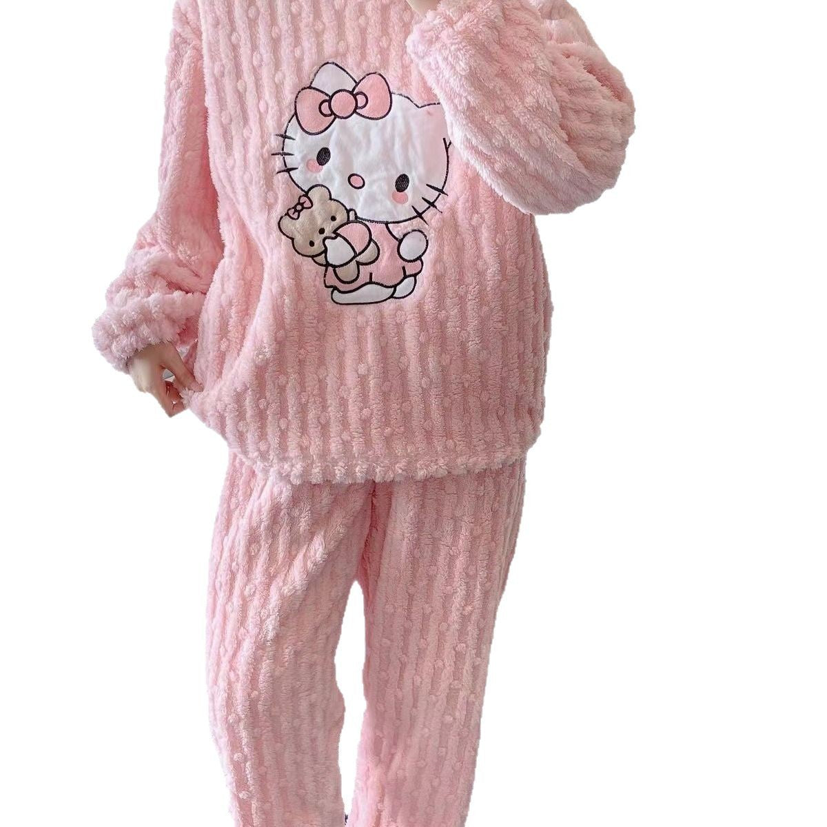Hello Kitty Bear Coral Fleece Pajamas – Winter Flannel Thickened Sleepwear Set
