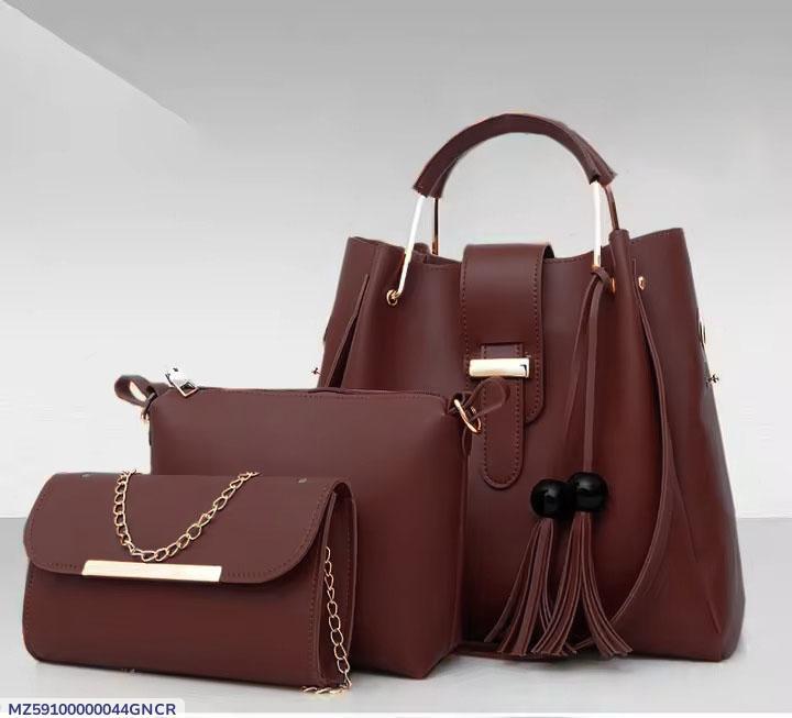Women’s PU Leather Handbag – 3 Pcs Plain Shoulder Bag Set (Brown)
