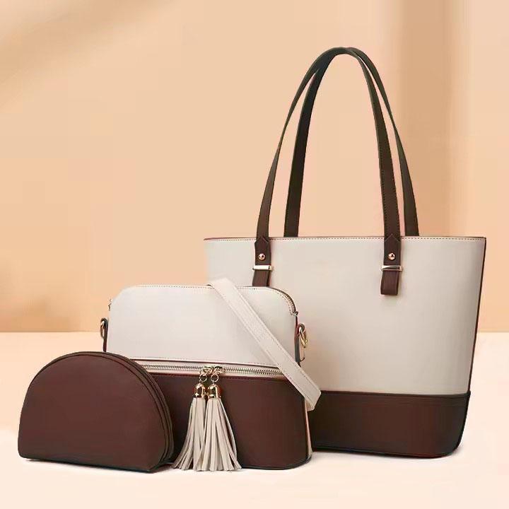 Women's Rexine Plain Shoulder Bag – Brown (3 Pcs Set)