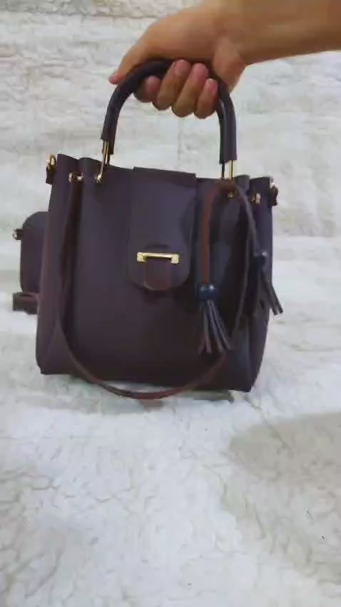 Women’s PU Leather Handbag – 3 Pcs Plain Shoulder Bag Set (Brown)